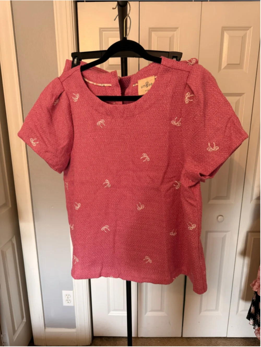 Women's Umgee Bow Print Blouse and Shorts Set, Size L, Pink and White